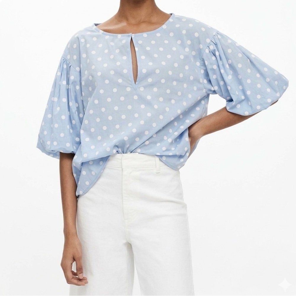 Zara Blue Embroidered Polka Dot Balloon Sleeve Top XS Preppy Cottagecore